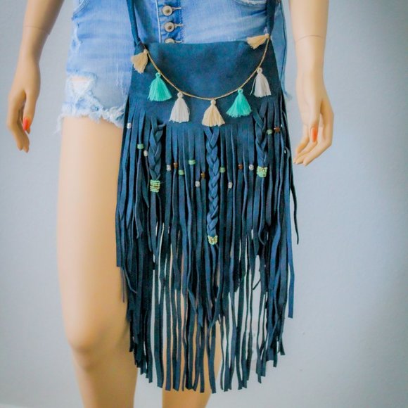 GENUINE SUEDE BOHEMIAN FRINGE BAG - Picture 2 of 4